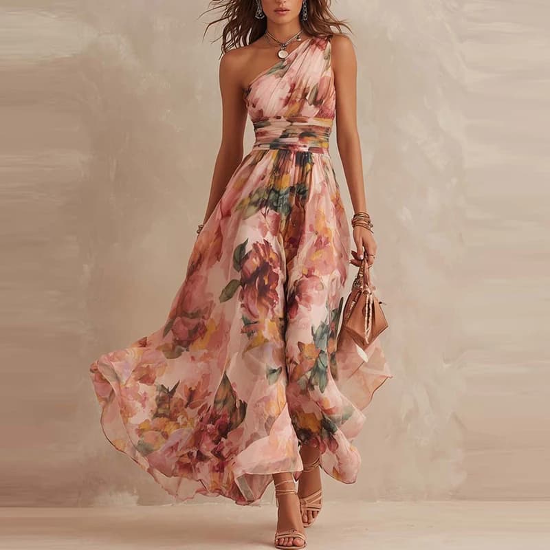 Robe longue d'été asymétrique sans manches style bohème décontractée plissée évasée pour femme, impr