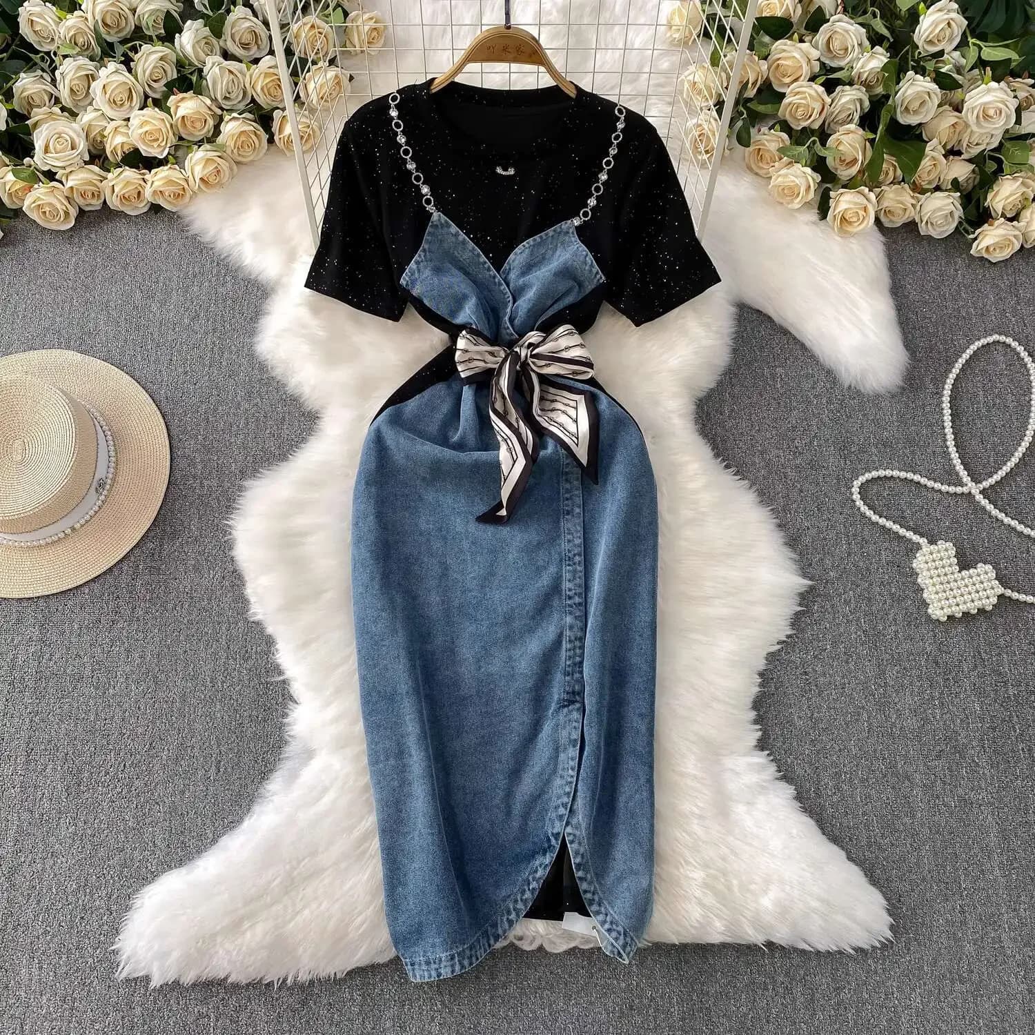 Robe d'été en jean pour femmes, Patchwork, manches courtes, perles de cristal, crayon, mi-longue, dé