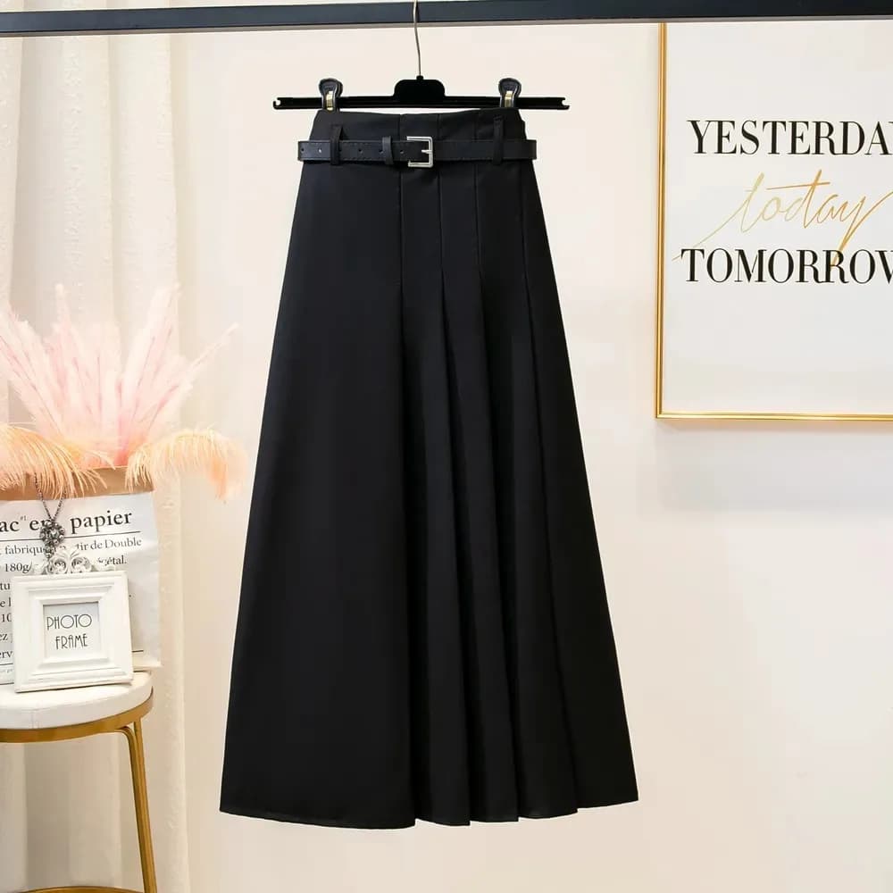 Costume noir pour femmes, jupe longue plissée avec ceinture, tempérament coréen gris, mode fine, jup