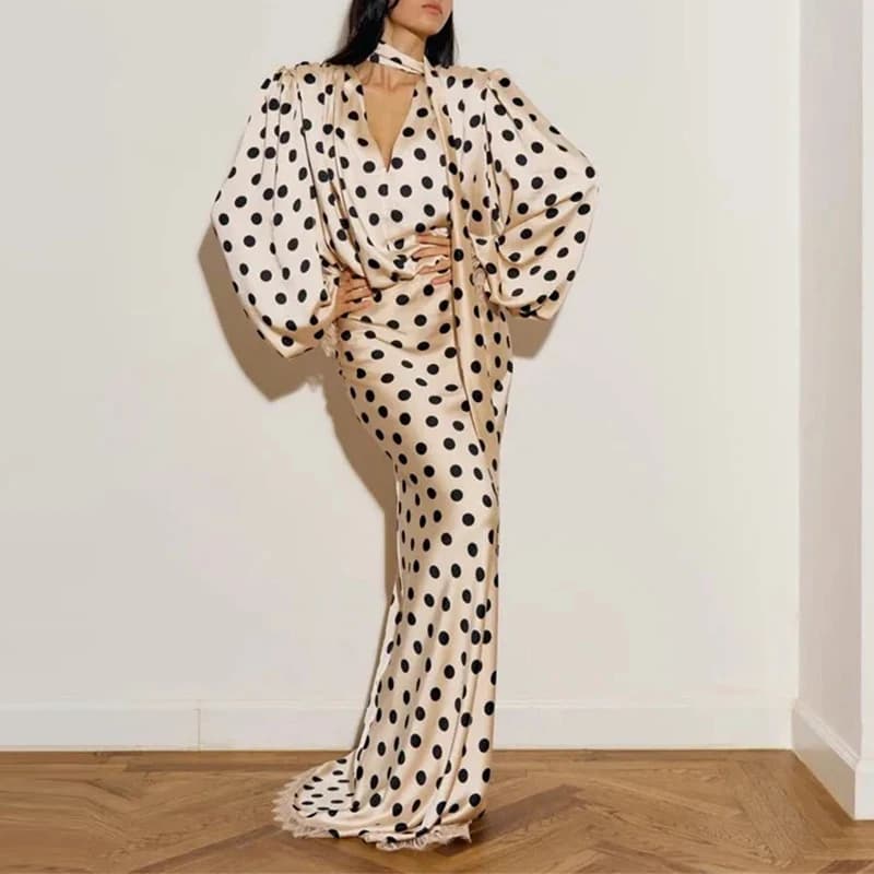 Robe longue élégante drapée à manches longues avec ruban, col en V sexy, à pois, en satin, taille ha