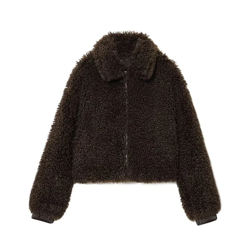 Veste courte marron floue pour femme, col à revers, fermeture éclair sur le devant, manches longues,