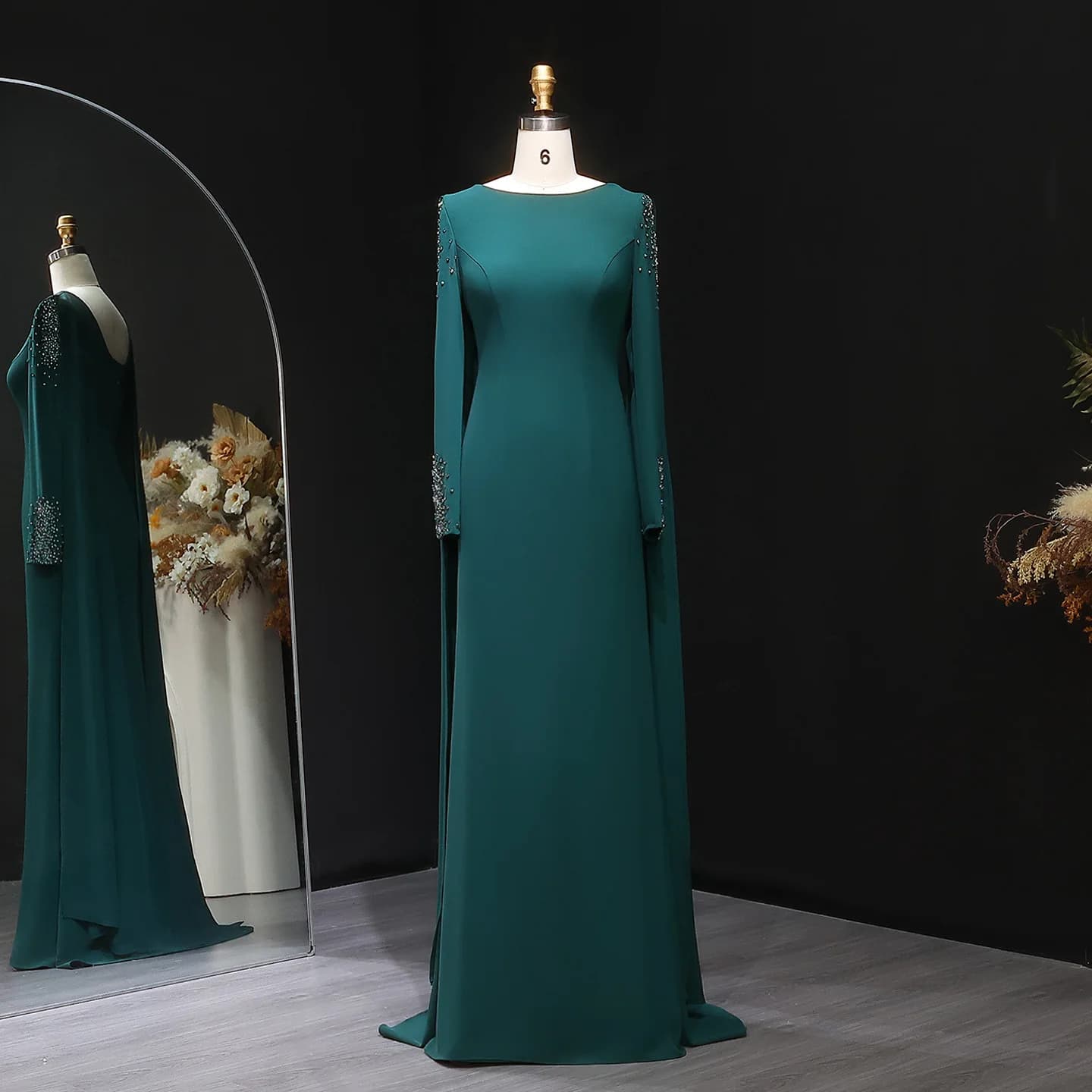 Robe de soirée Sharon Said 2026 verte à manches longues, ornée de perles lourdes avec traîne, style 