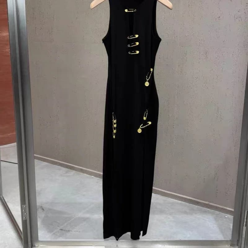 Robe longue élégante dorée pour femme, col rond, sans manches, fendue, sexy, pour soirée club, nouve