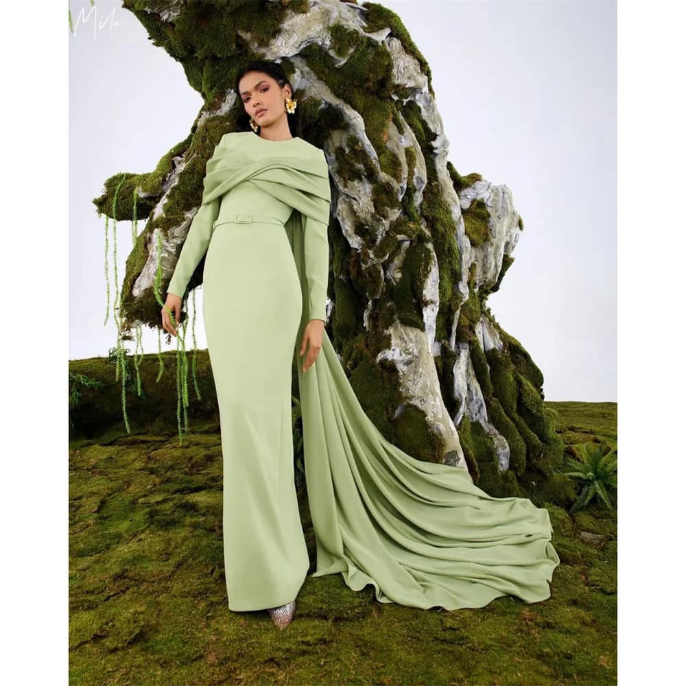 Mila vert à manches longues Simple robe de bal personnalisé châle col rond luxueux soirée femme robe