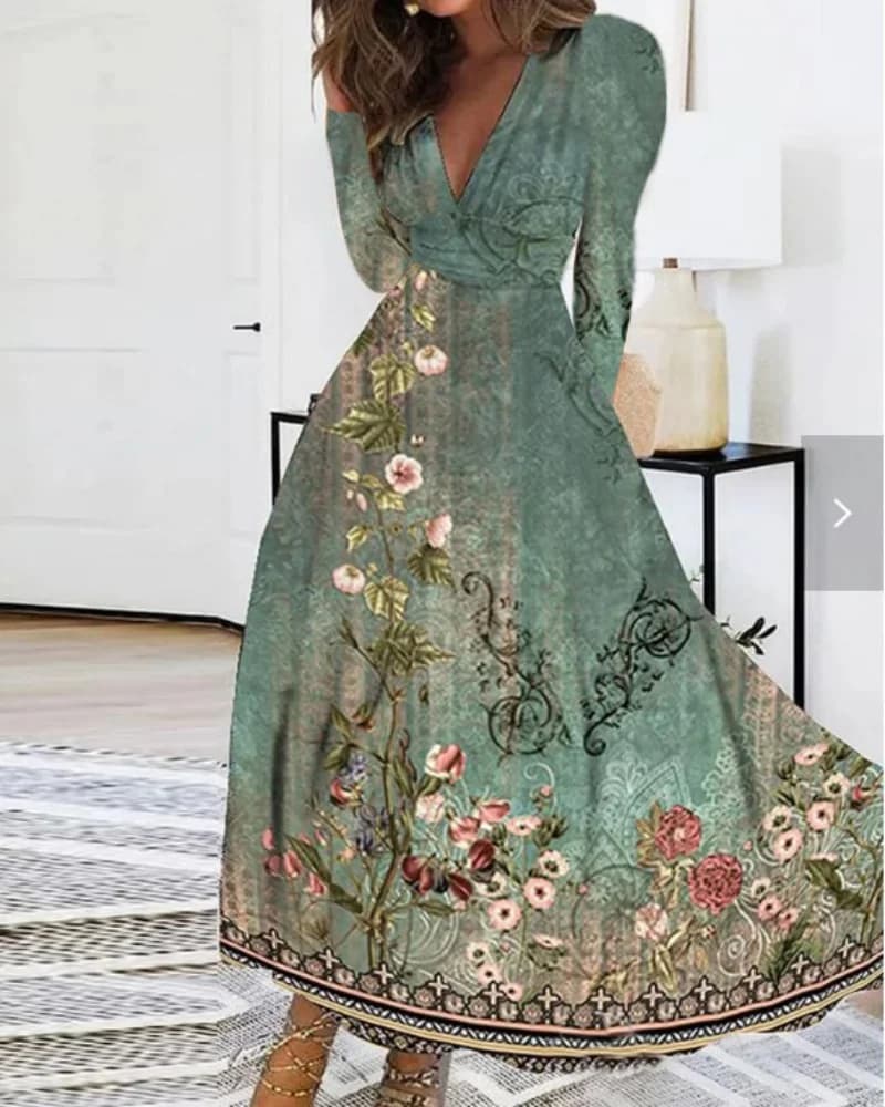 Robe longue maxi à imprimé floral pour femmes, col en V, manches longues, style bohème vintage, tail