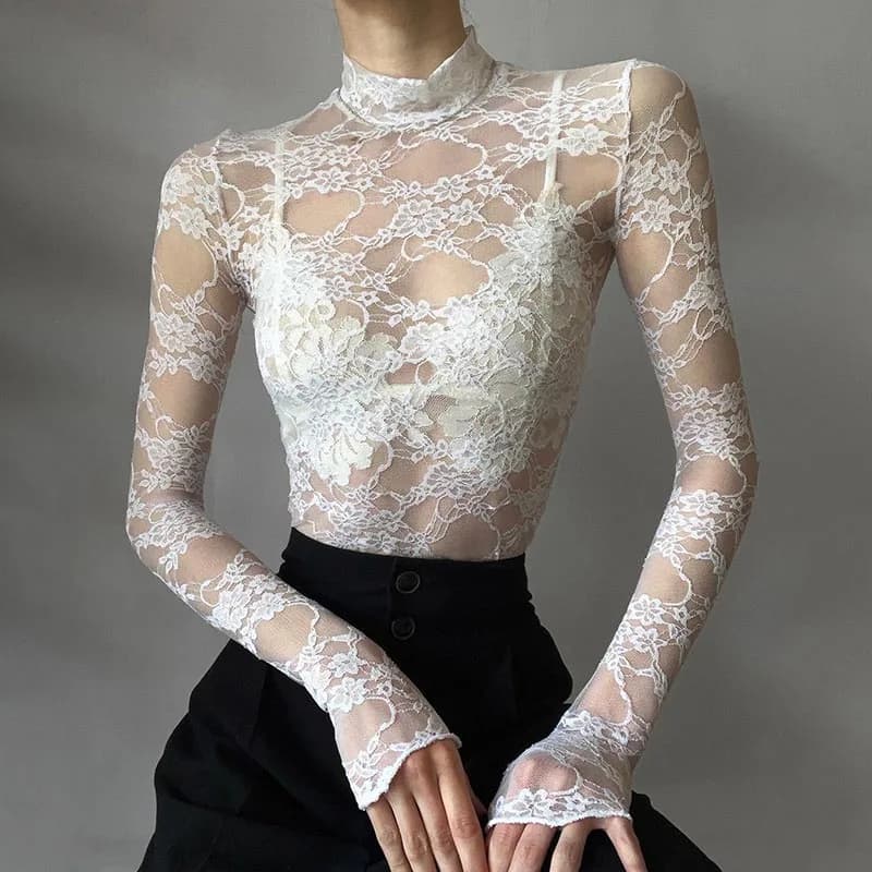 Haut court en dentelle transparente à manches longues pour femmes, t-shirt mince, chemises de mode c