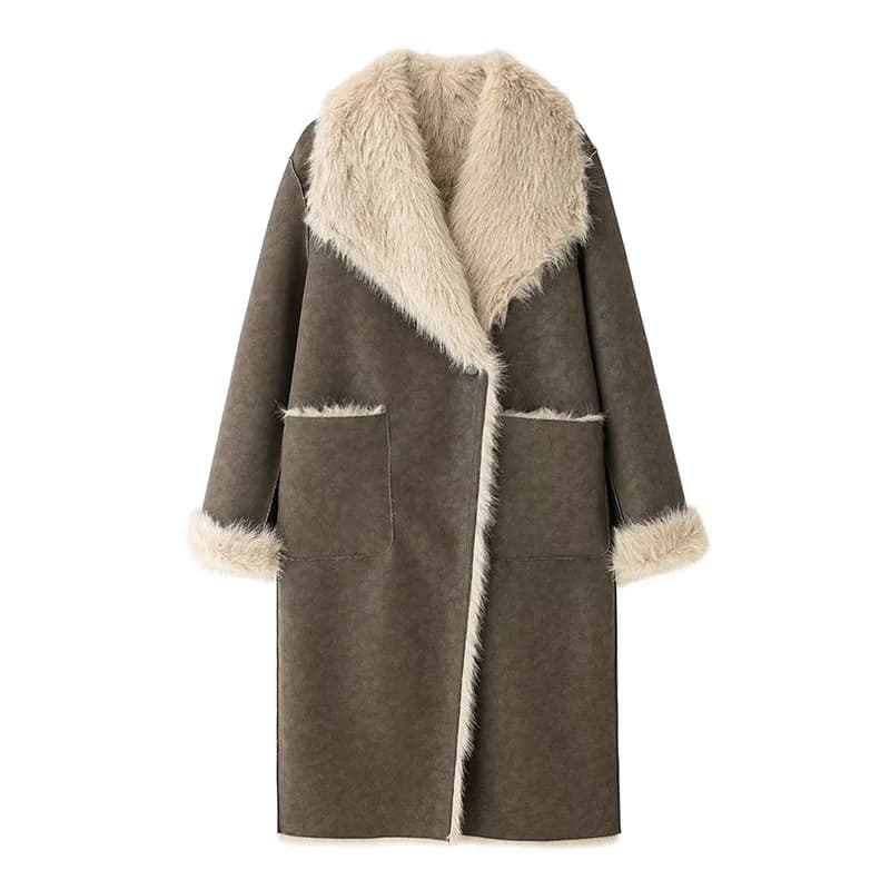 Veste Longue Élégante en Fausse Fourrure pour Femme, Pardessus à Col Rabattu et Manches sulf, à la M