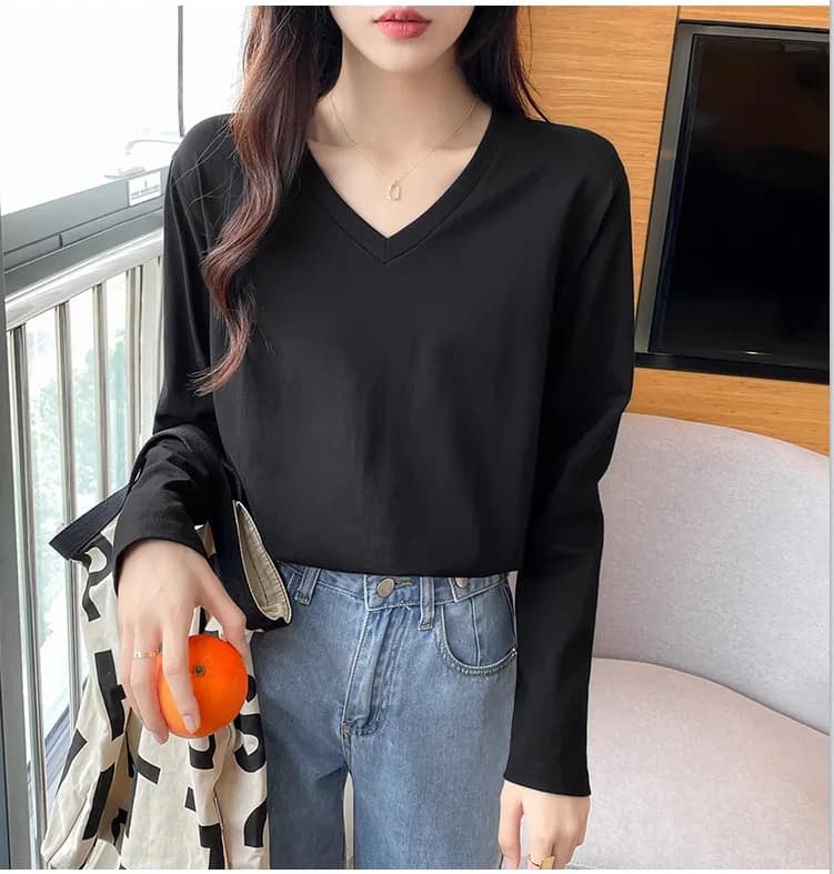 T-Shirt à manches longues et col en v pour femme, ample, amincissant, couche de Base blanche, haut e