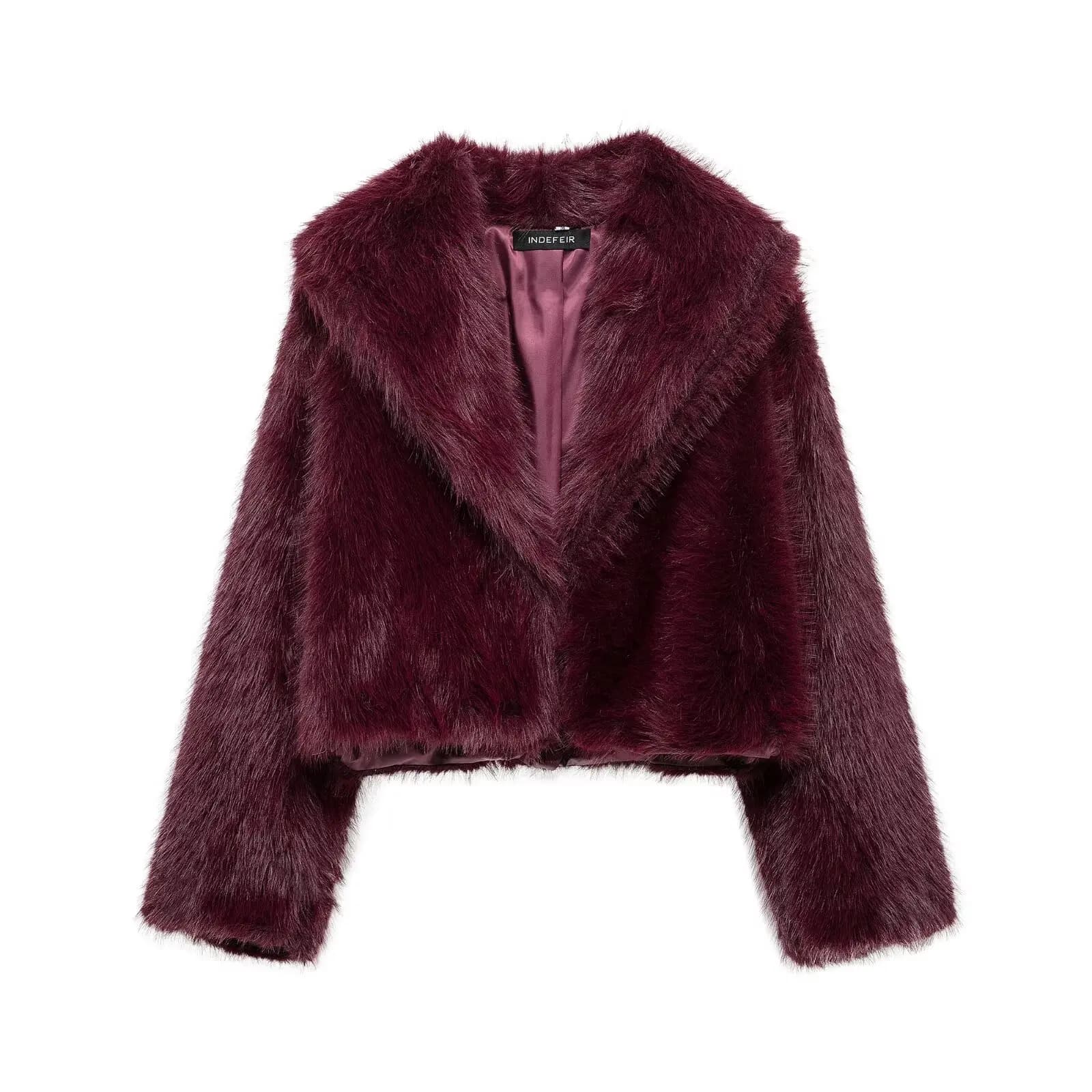 HH Manteau d'hiver pour femme en fausse fourrure unie, à manches longues, col rabattu, coupe ample e