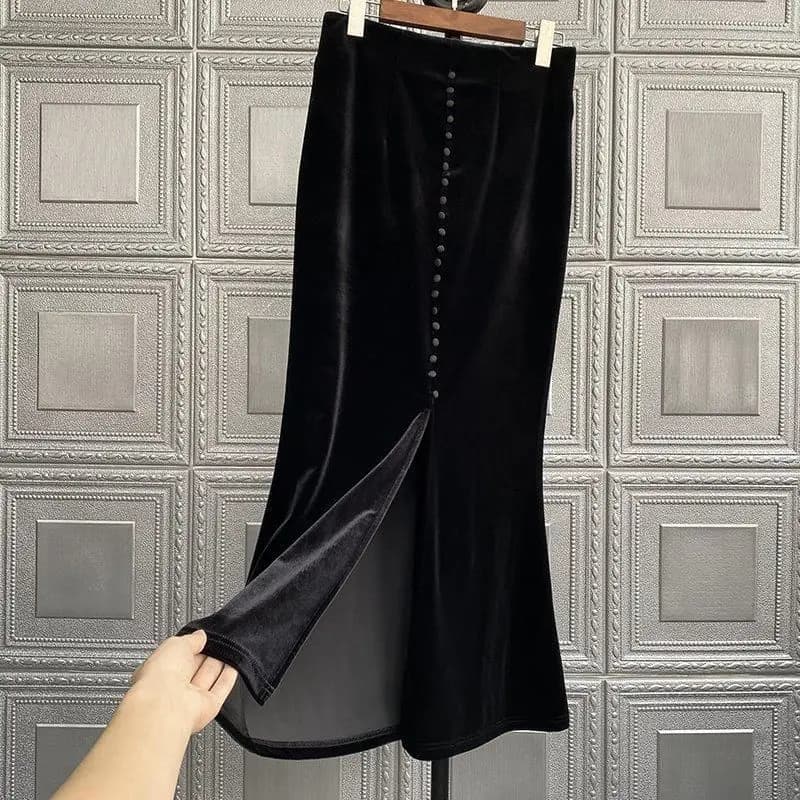 2025 Faldas Mujer De Moda Vintage Jupe longue taille haute a-ligne velours Jupe mode simple boutonna