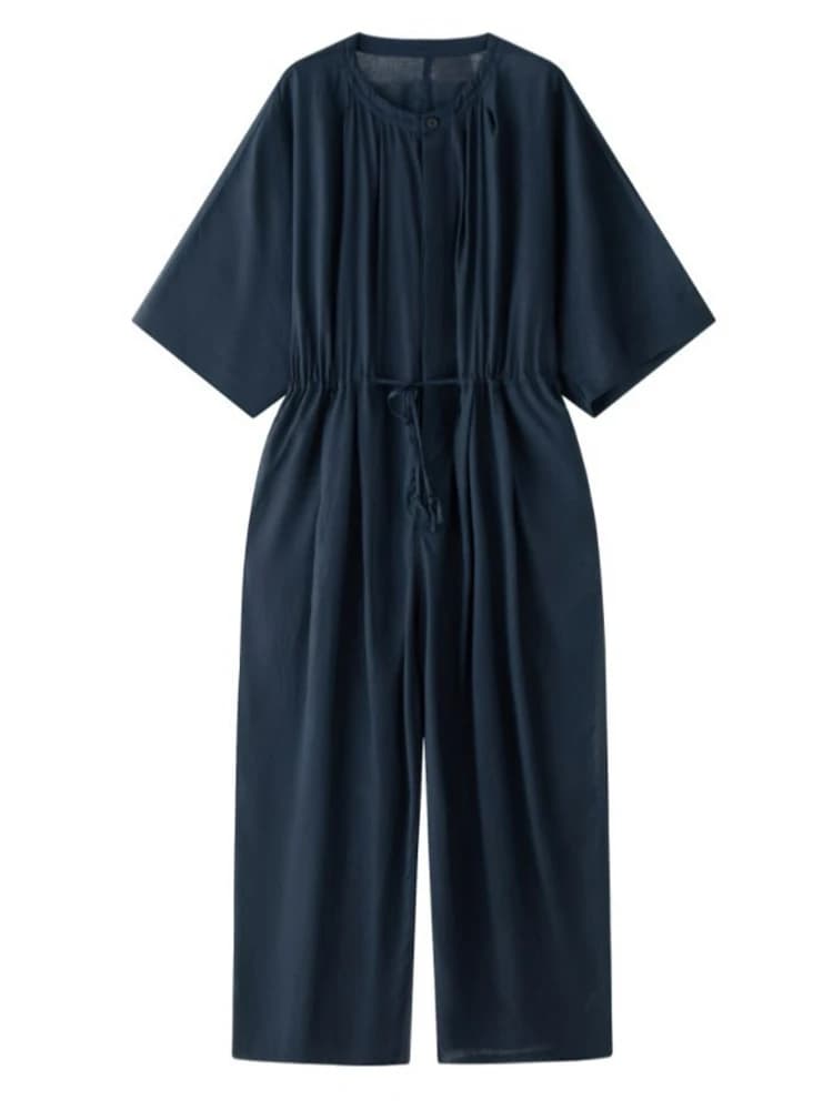 EAM-Combinaison bleu marine pour femme, grande taille, longue, décontractée, taille haute, poches, p