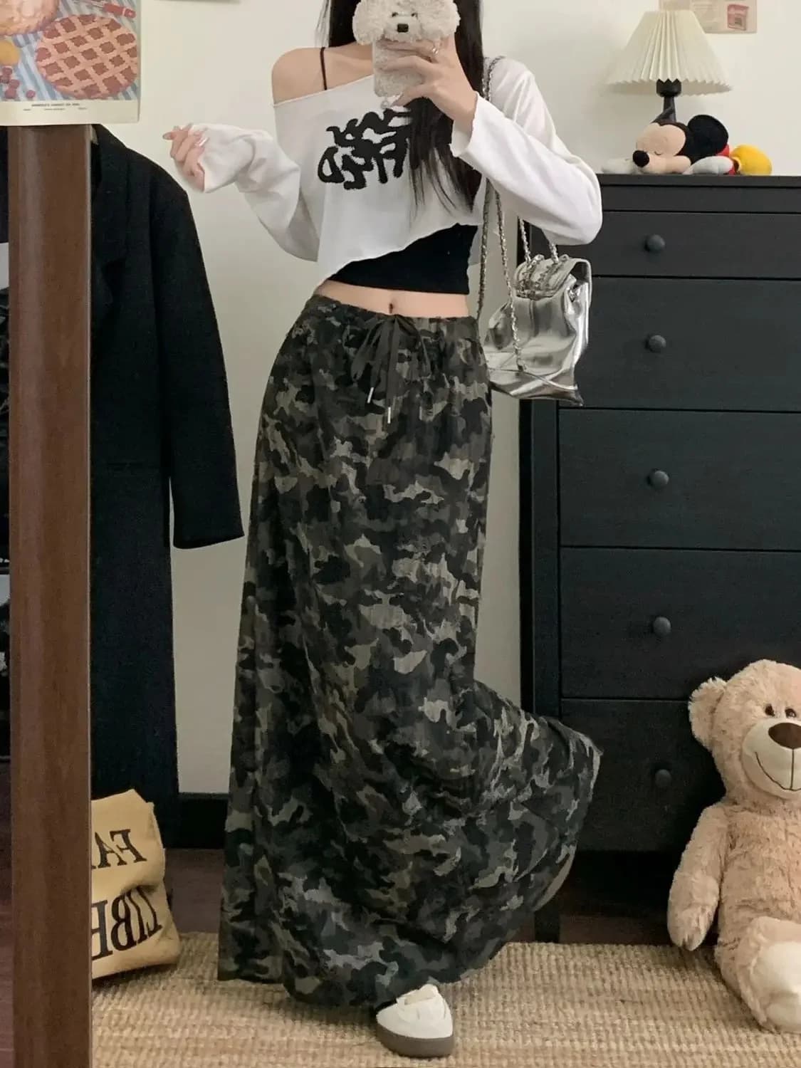 Mini jupe de Camouflage rétro de Style américain, coupe droite avec cordon de serrage, mode femme, j