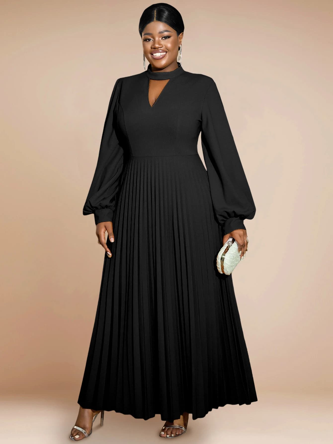 Robes longues plissées marron personnalisées, col rond, manches lanternes découpées, taille haute, d