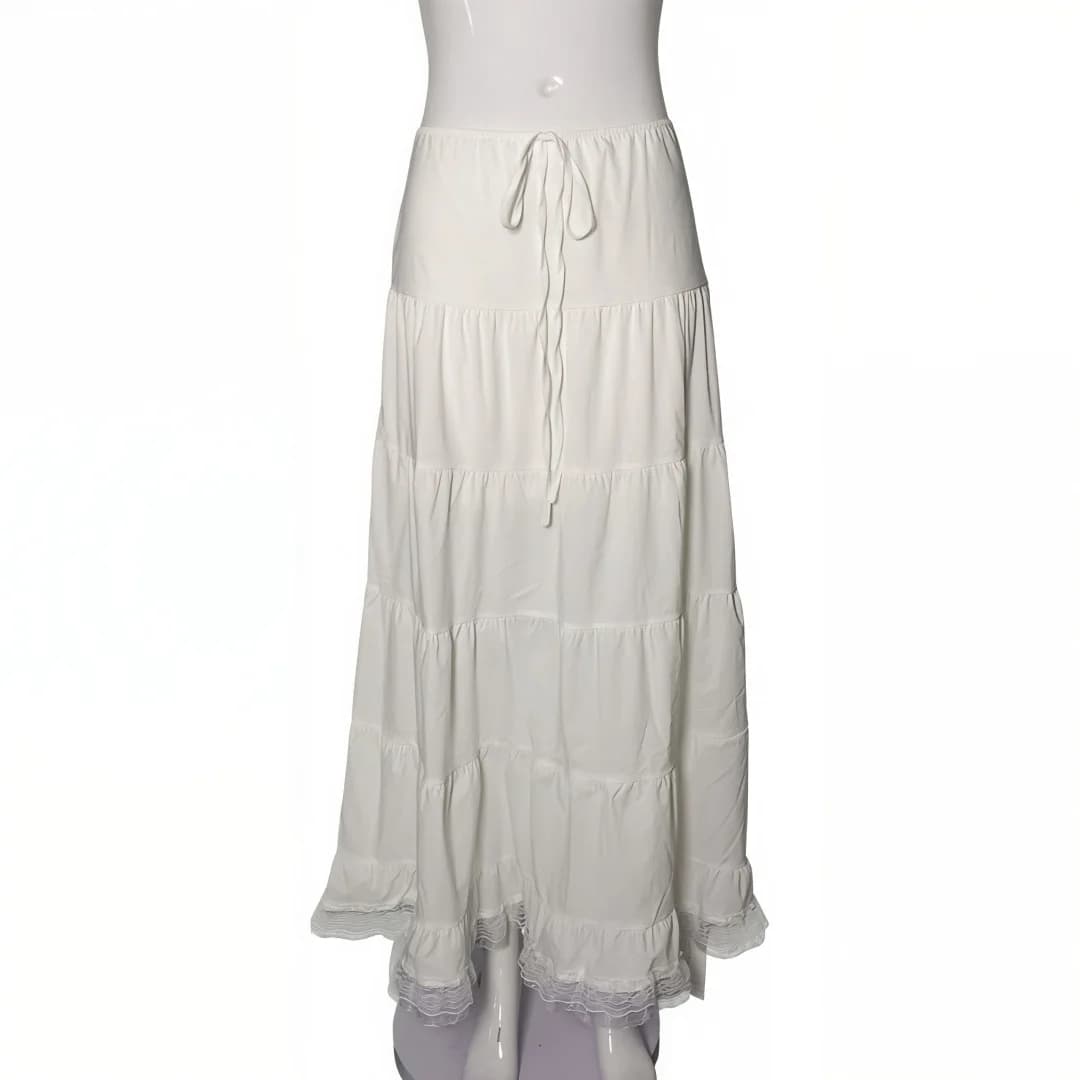 Jupe longue trapèze en polyester avec empiècements en dentelle française, belle chute, style vacance
