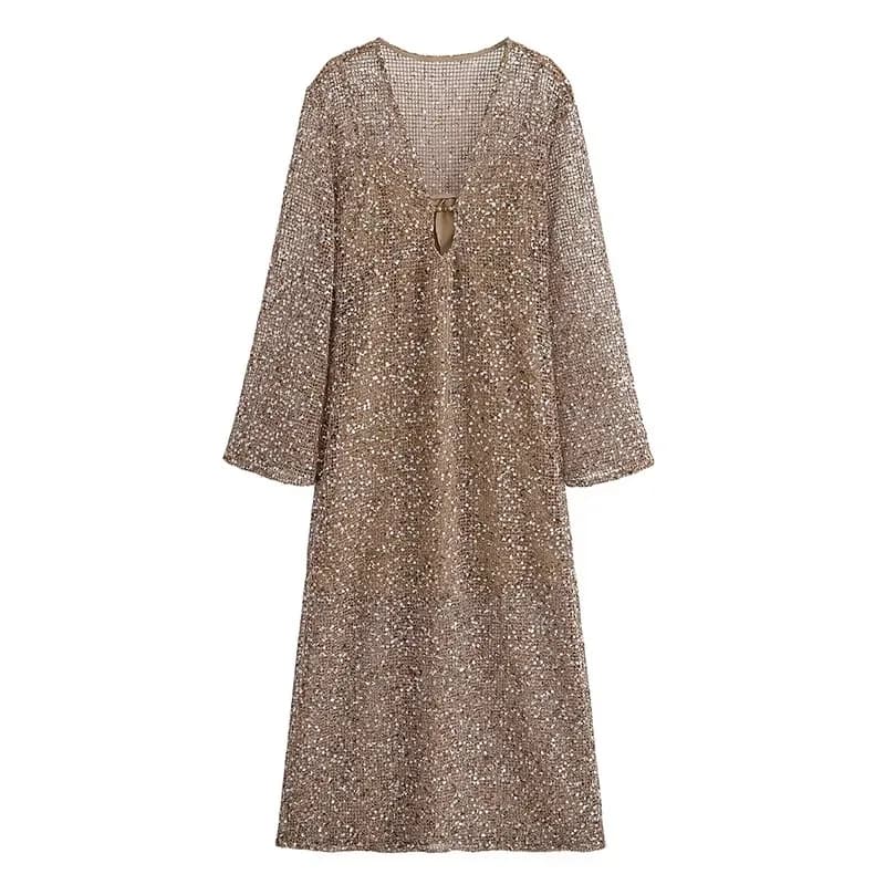 Robe longue plissée sexy à sequins pour femme, col en V profond, manches longues, transparente, robe
