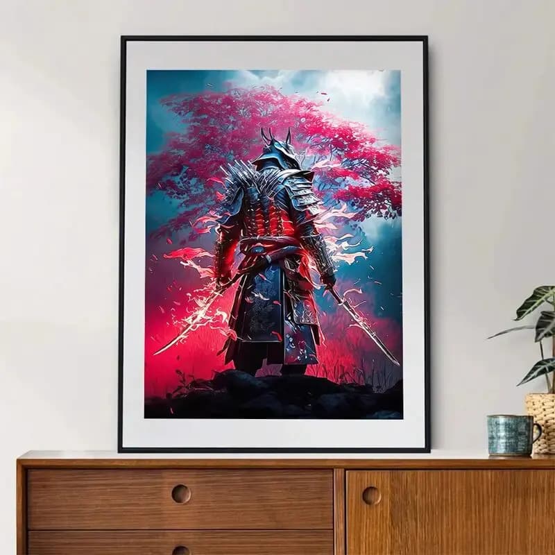 Affiche imprimée sur toile avec vue japonaise, Silhouette d'épéiste, paysage de montage Unique, cade