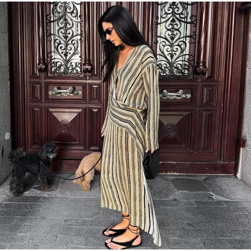 Robe rayée pour femme, col en V profond, manches longues, avec ceinture, tenue décontractée et ample