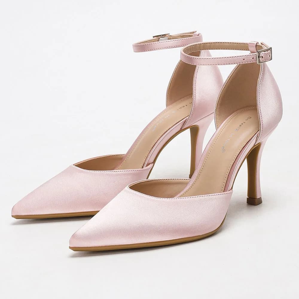 Escarpins à talons aiguilles pour femmes, bout pointu, talon haut, en satin, avec bride à la chevill