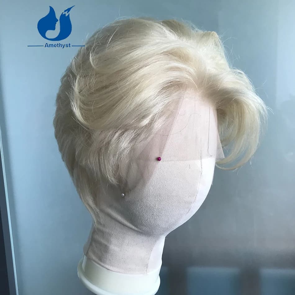 Amethyst Wolf Cut Platine Blonde 60 #   Perruque courte pour hommes, perruque en cheveux humains à d