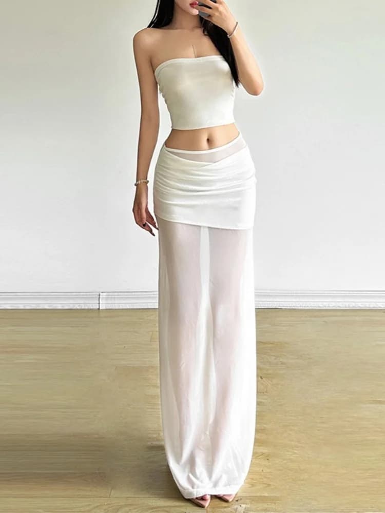 Jupes longues en maille transparente pour femmes, tenue de soirée, couleur unie, Sexy, vêtements Y2k