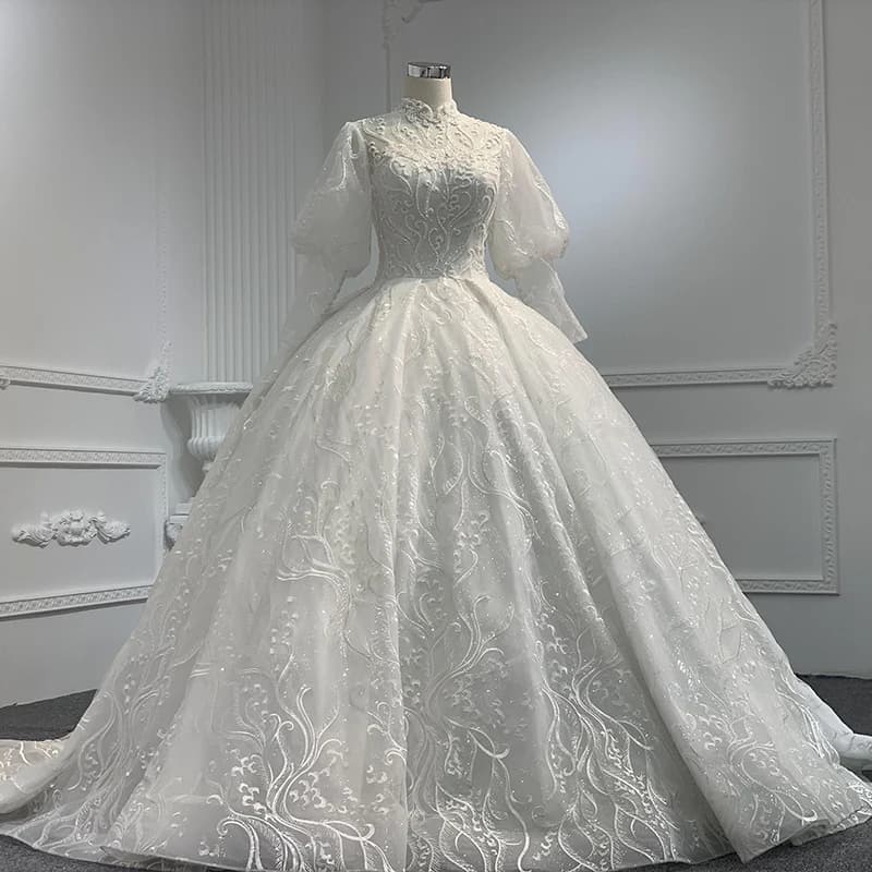 Mn-Robe de Mariée Longue en Organza, Manches sulf, Sexy, Dentelle, Col Haut, Classique, Bouton Arriè