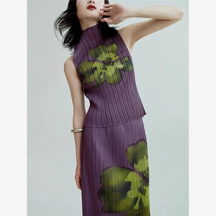 Ensemble deux pièces jupe plissée imprimée pour femme, nouveau design d'été, ensemble gilet camisole