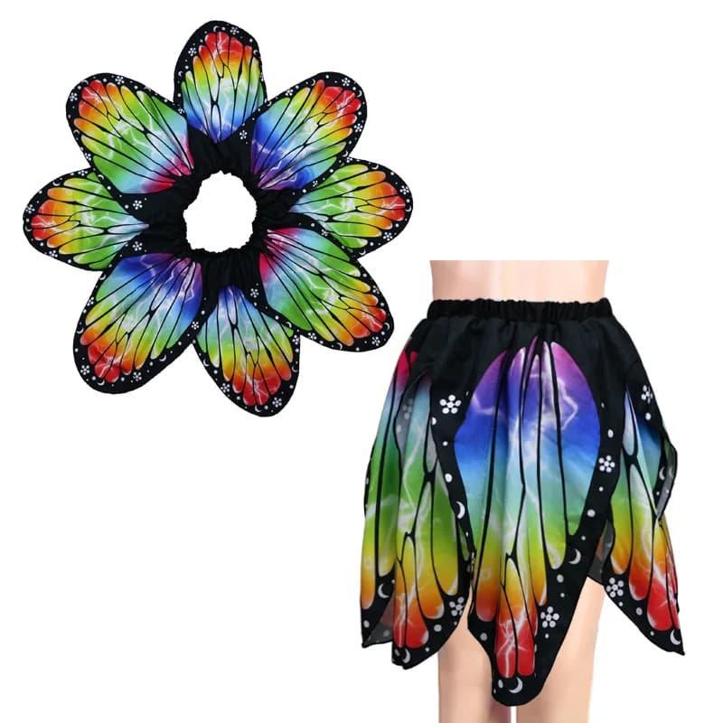 Jupe plissée irrégulière taille haute fantaisie à imprimé papillon et pétales pour femme, style cape