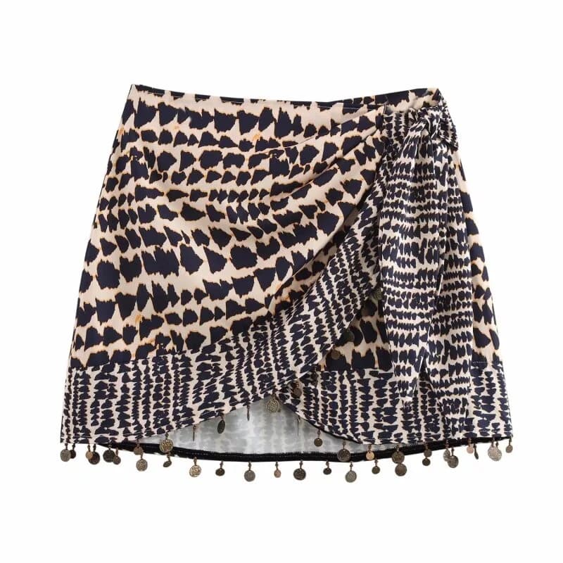 Jupe mini asymétrique sexy à imprimé léopard pour femme 2026 avec taille à nouer et ourlet à franges