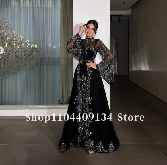 Robe de soirée formelle noire style kaftan, manches cloche perlées, robe de fête Kachra pour femmes 