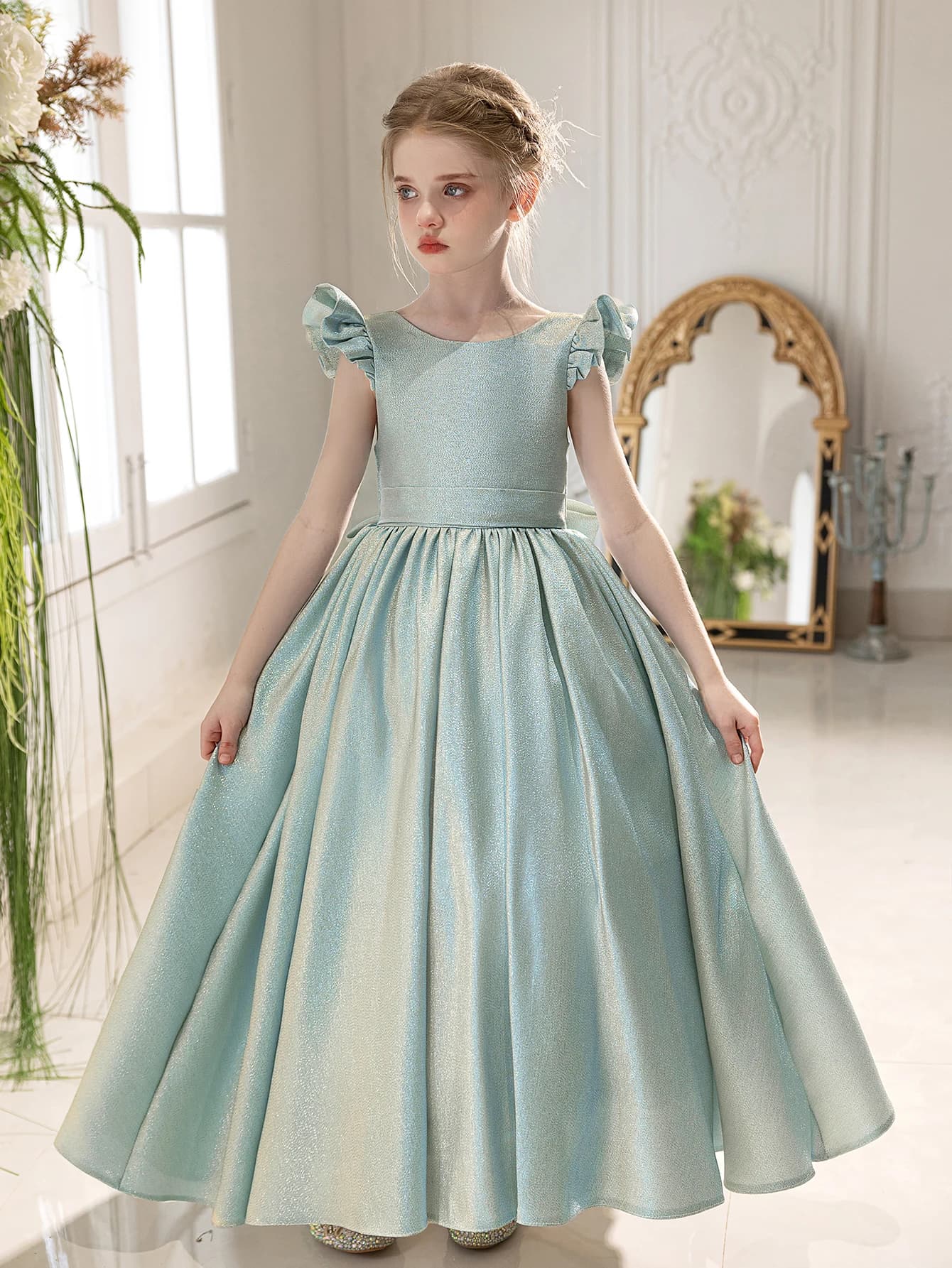 Jupe longue à gros nœud au dos pour filles, robe rose haut de gamme pour enfants, robe de fête d'ann