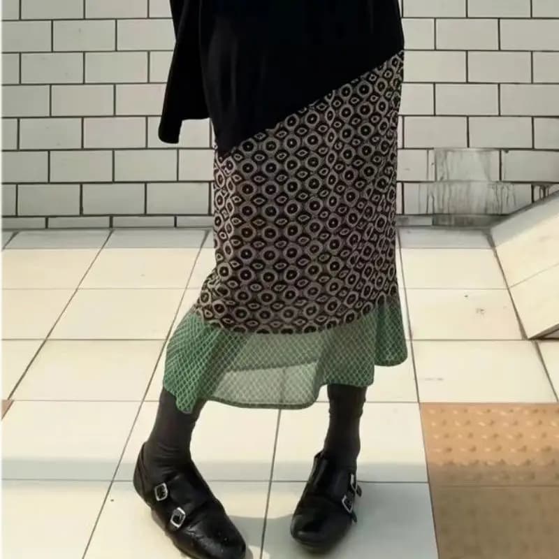 Jupe tendance rétro à motifs géométriques, double couche, taille élastique, avec sac assorti polyval
