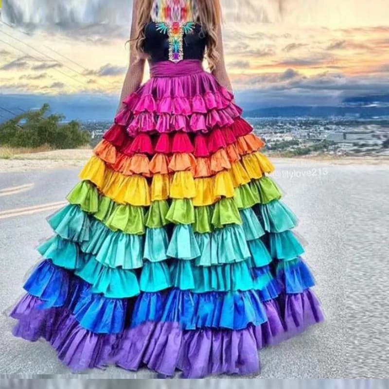 Jupes longues à plusieurs niveaux arc-en-ciel pour femmes, ligne A, jupe bouffante, longueur au sol,