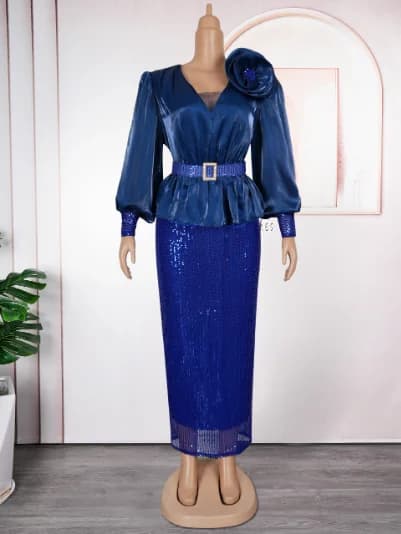 Robe Africaine Élégante pour Femme, Col en V, Paillettes, Manches Courtes, Soirée, Longue, Maxi, Ten