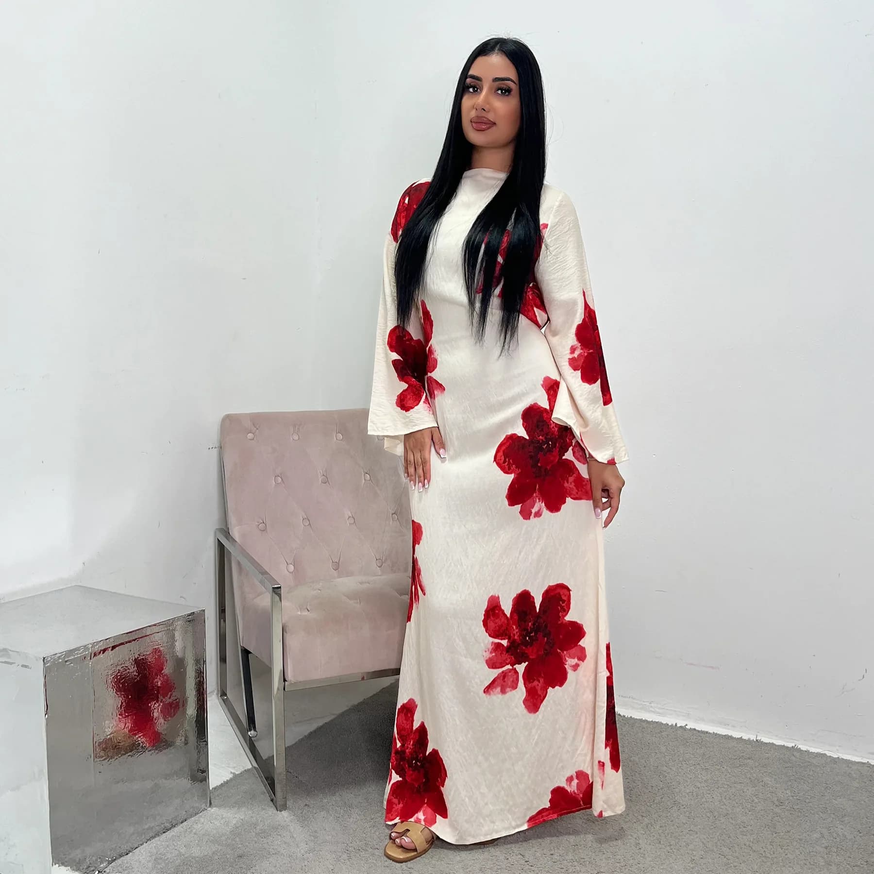 Arabesque cloche manches fluide Maxi Abaya Robe élégante imprimé fleuri musulman modeste Robe longue