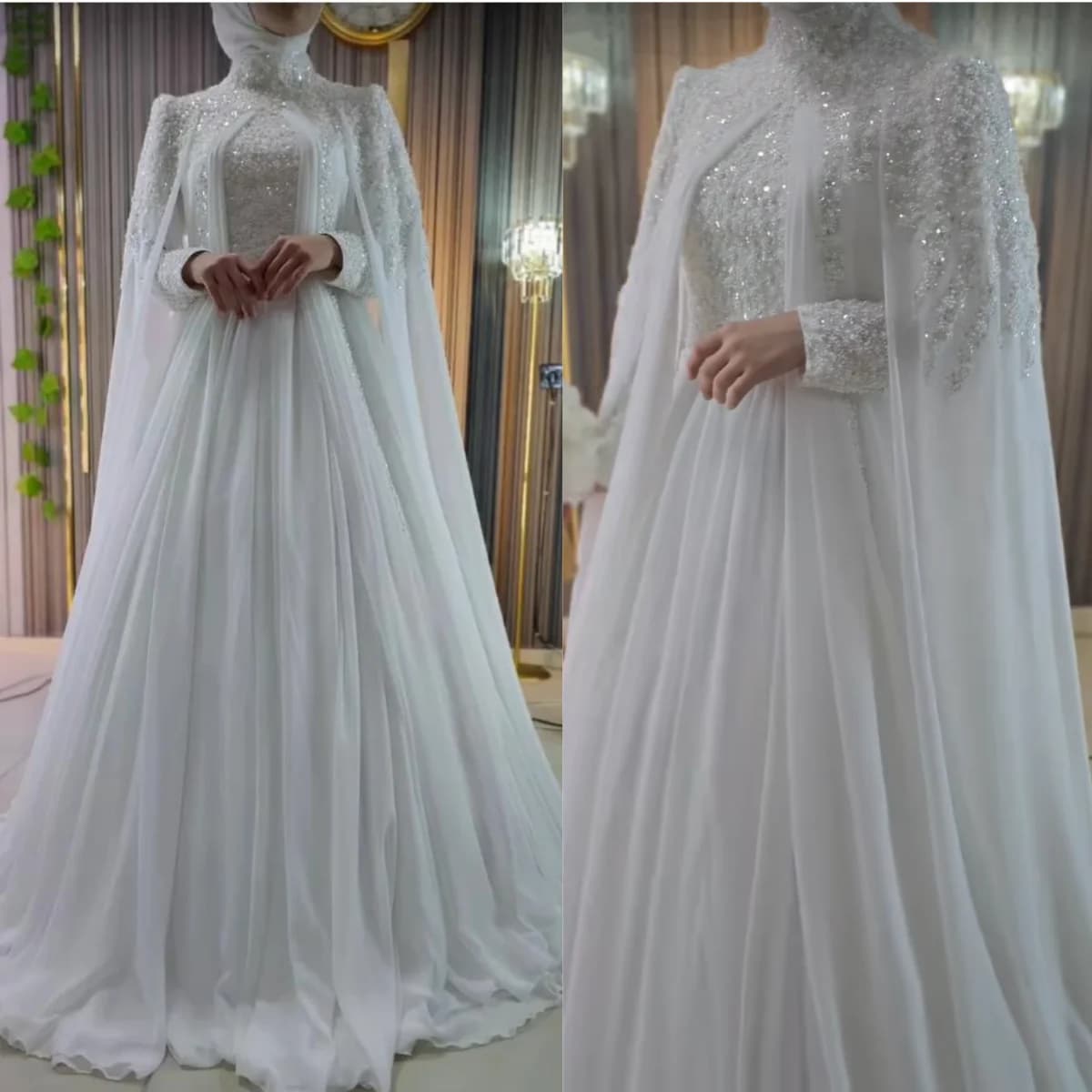 Robe de mariée musulmane à manches longues, élégante, col haut, perlée, en mousseline de soie, style