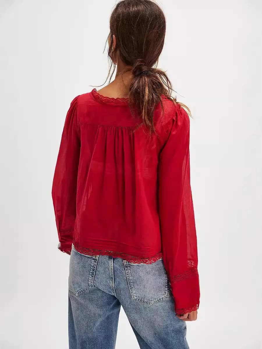 Chemisier en dentelle de coton pour femmes, chemise ample, Vintage, Style français, manches longues 