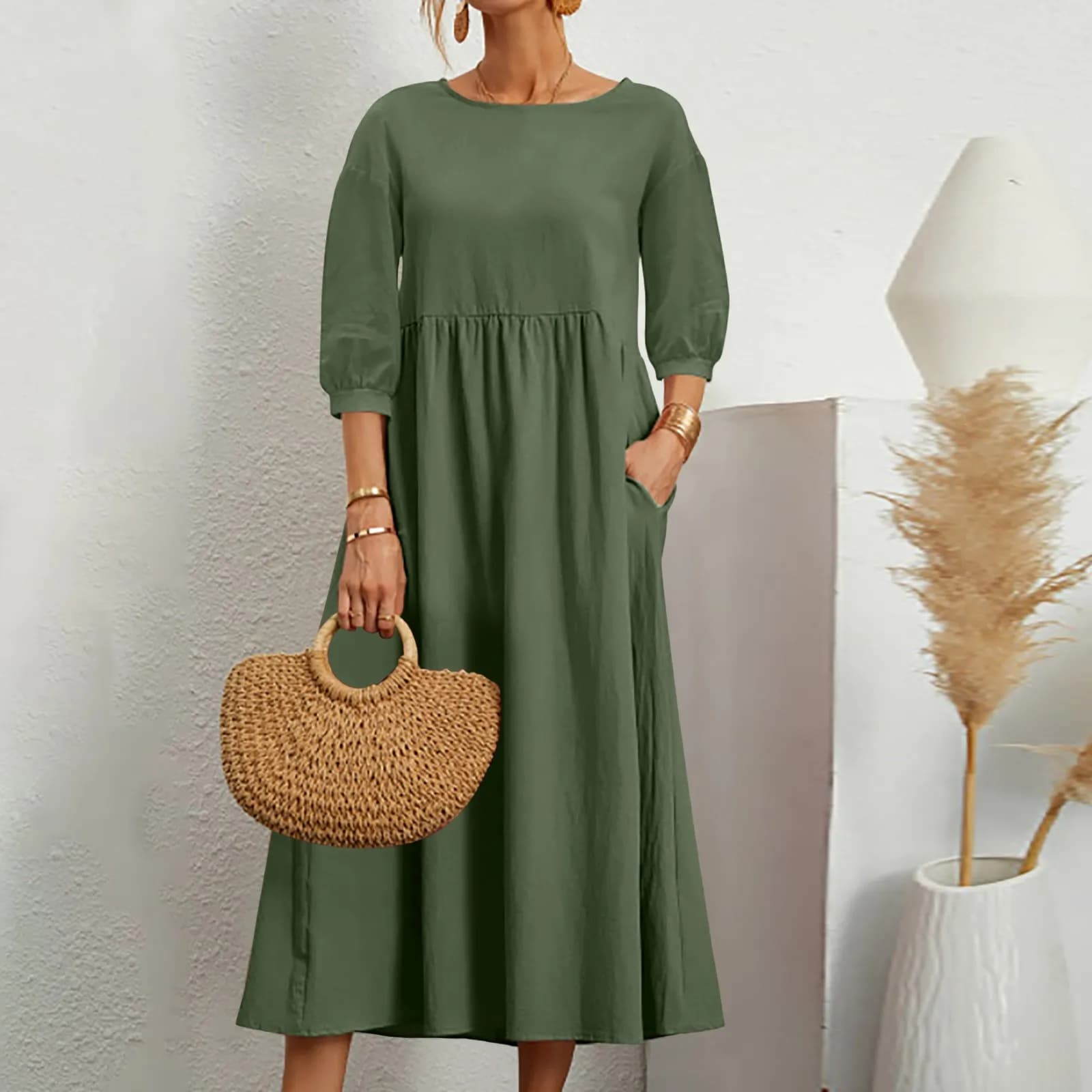 Vintage coton lin Robe longue femmes été solide ample lanterne manches Midi chemise Robe poche col r