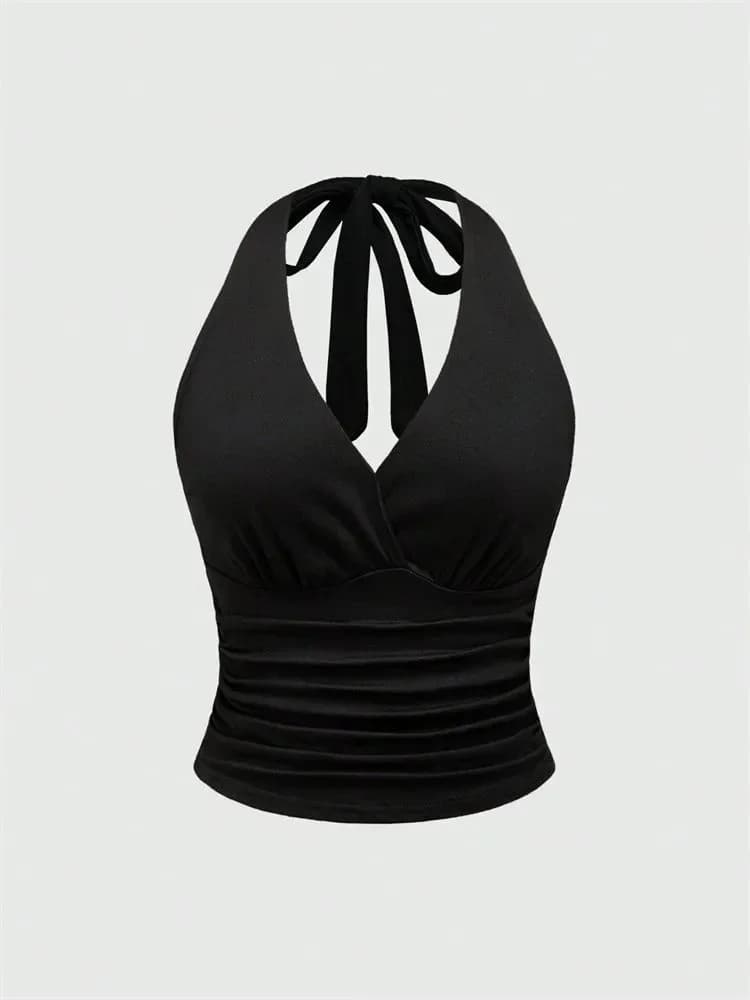 Haut court dos nu à col en v pour femmes, couleur unie, col licou, Sexy, Y2K, sans manches, froncé, 