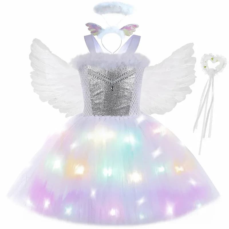 Costume d'ange gardien blanc pour filles, robe Tutu de princesse lumineuse à LED avec ailes de plume