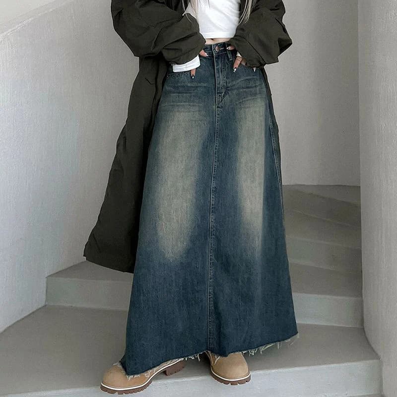 Vinatge une ligne Denim jupes longues femmes 2026 printemps taille haute Midi jean jupe femme coréen