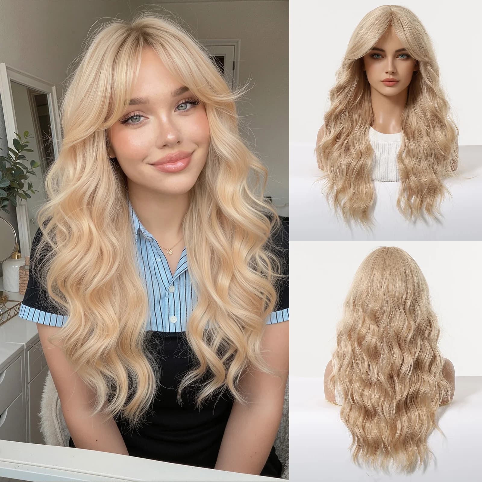 Perruque longue ondulée avec frange, blond clair, effet naturel, cheveux synthétiques résistants à l