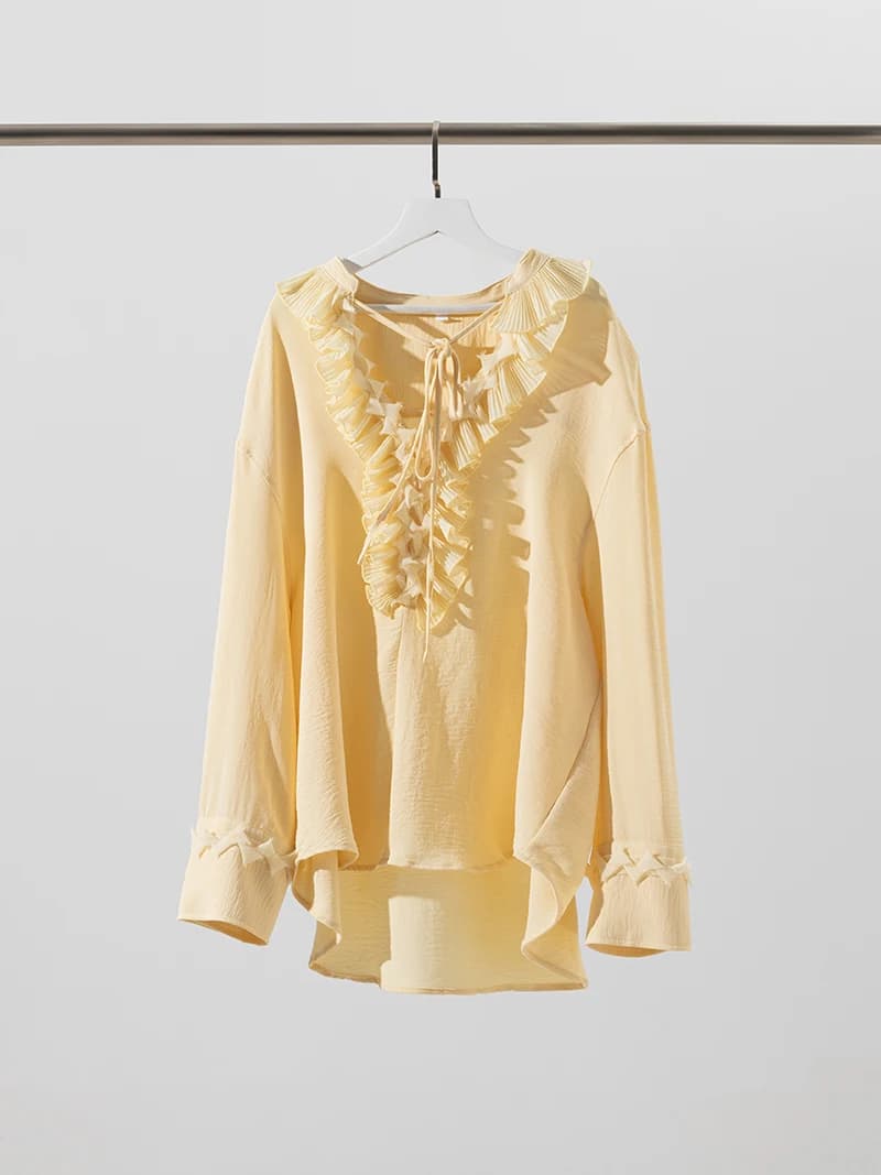 Jupes longues jaunes 2 pièces ensemble femmes à volants col en v à lacets à manches longues Blouse é