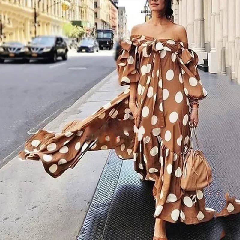 Robe longue à pois pour femmes, sexy, épaules dénudées, décontractée, vêtements de plage, printemps,