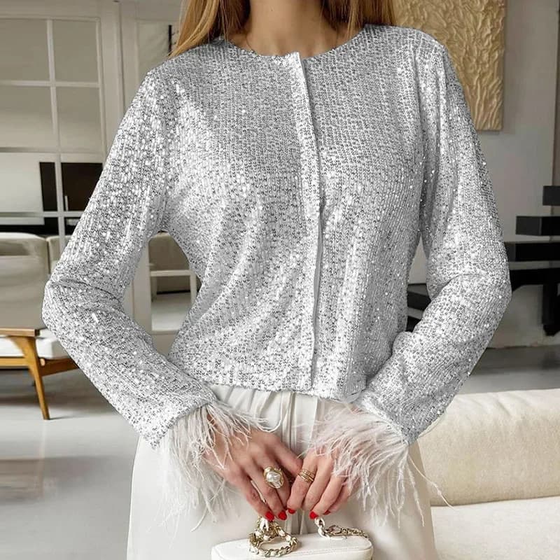 Femmes paillettes à manches longues T-shirt plume printemps automne pull décontracté chemises décont