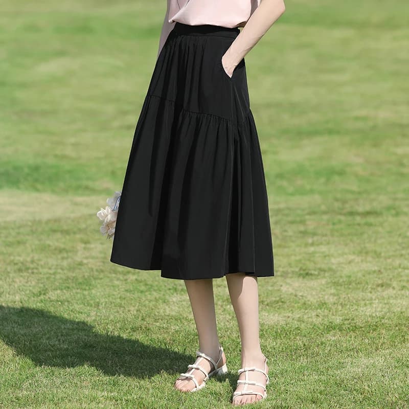 I BELIEVE YOU Jupe midi noire à volants pour femme, taille élastique, coupe éventail, décontractée, 