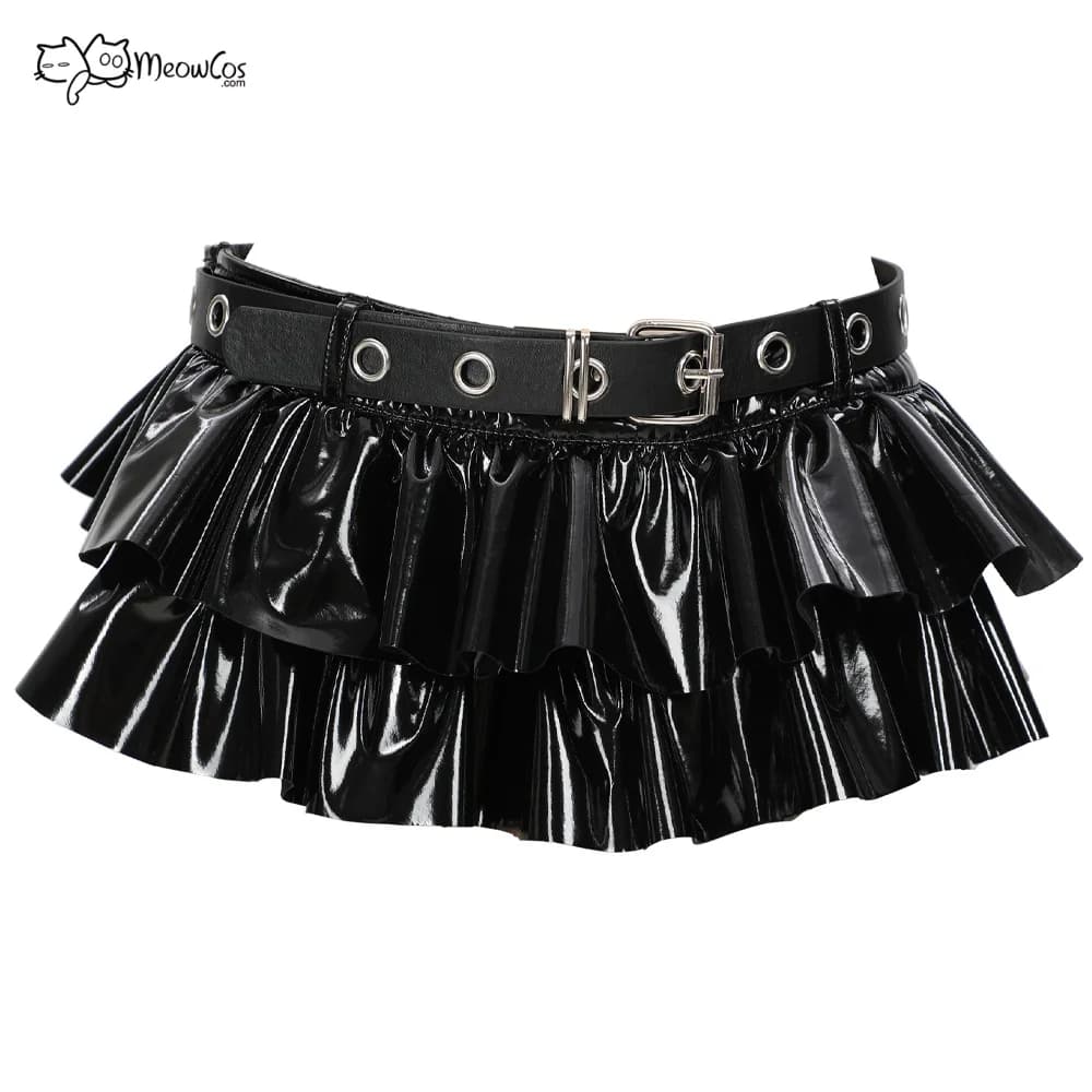 MEOWCOS-Mini Jupe Courte en Cuir Noir Brcorporelle pour Femme, Costume de Cosplay avec Ceinture, Sty