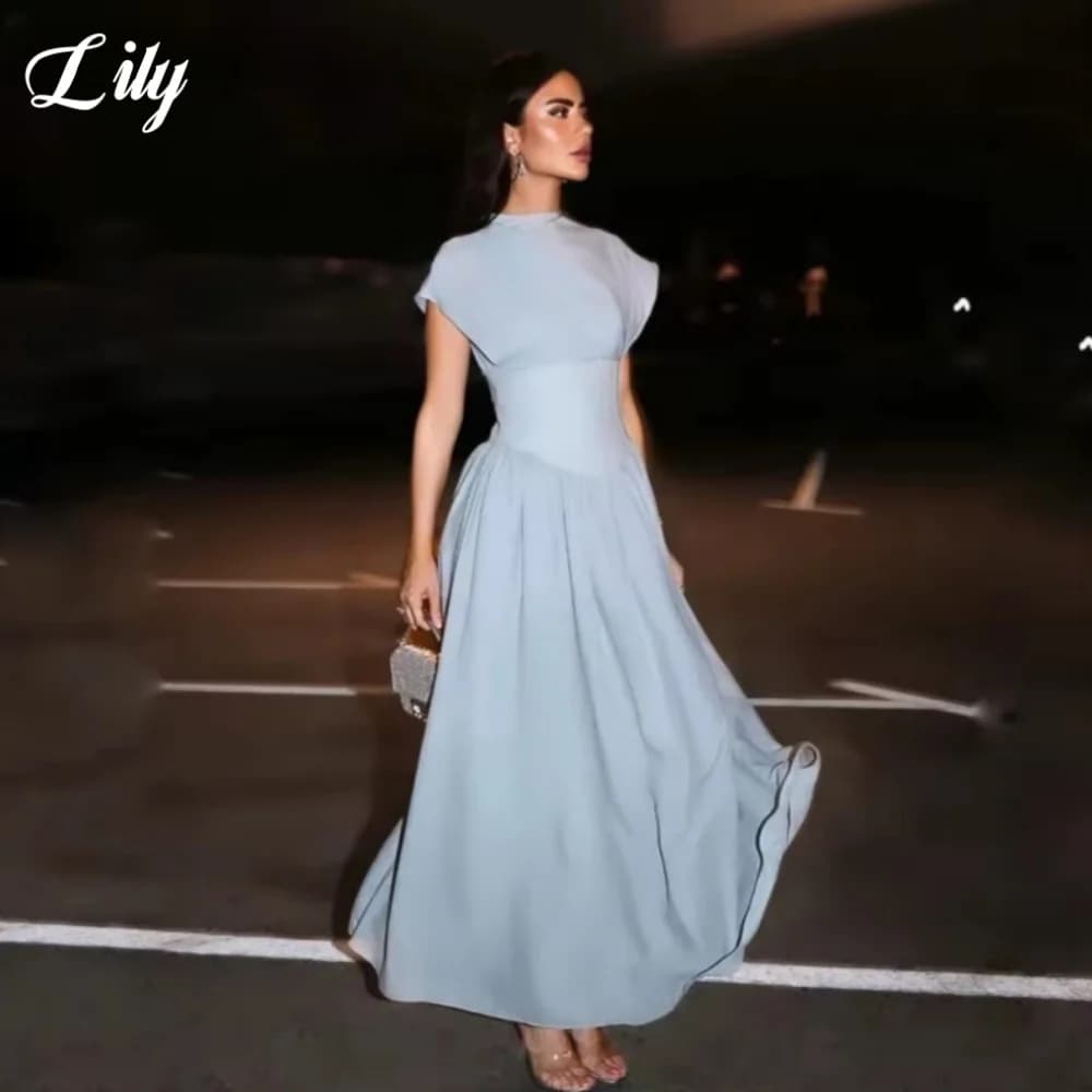 Lily bleu robes de soirée élégantes col rond manches courtes robes de bal a-ligne plissée fête robe 
