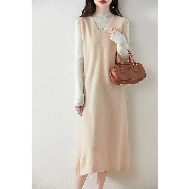 Robe longue en pure laine pour femme, col en V, fente, fibre, adt, élégante, décontractée, à la mode