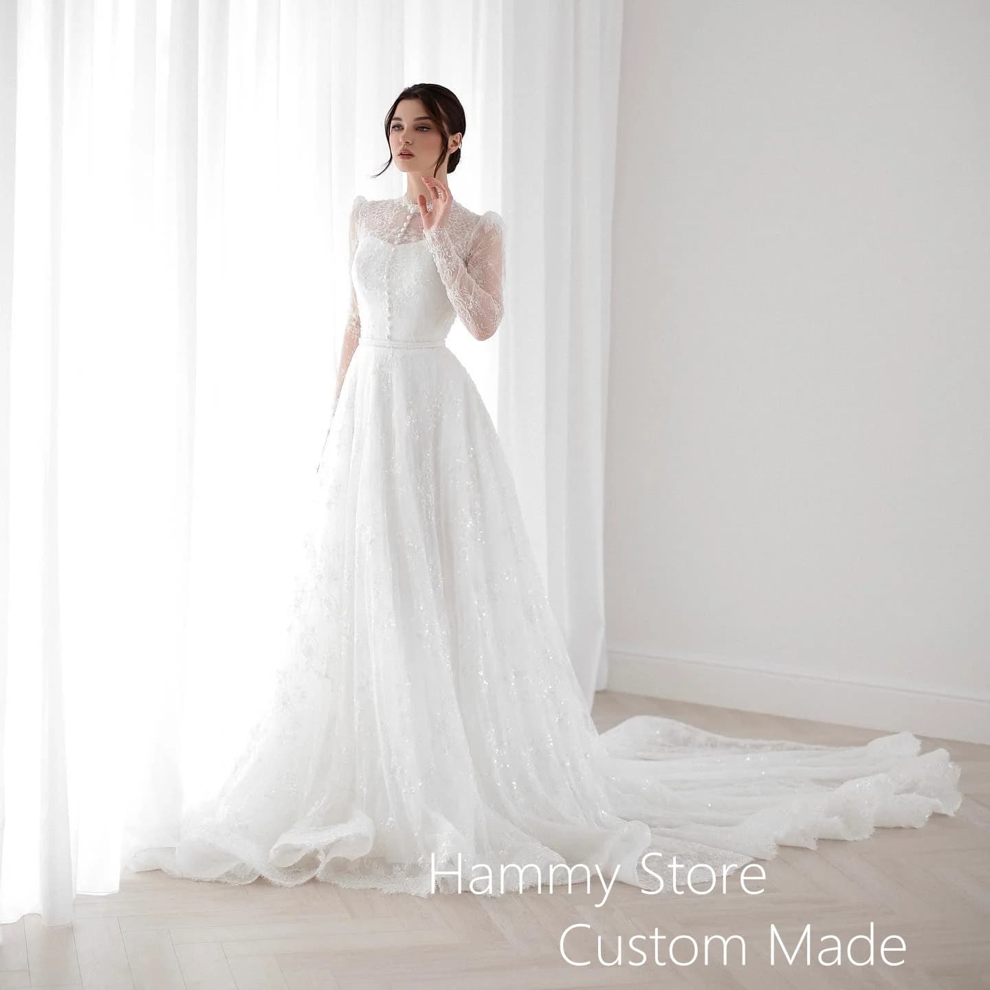 Robe de Mariée Arabe Saoudite Personnalisée à Manches sulf, Vêtement en Dentelle à Paillettes, avec 