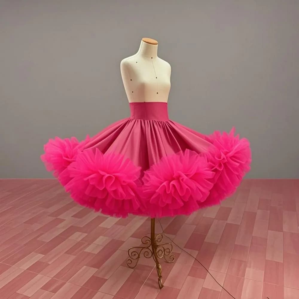 Jupe en Satin Fuchsia longueur genou pour femmes, avec bas à volants, Costumes pour spectacle sur sc